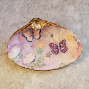 Shells Decoupage Pastel Butterfly w/Pearls Gold Leaf Trim Gift Art Trinket Dish